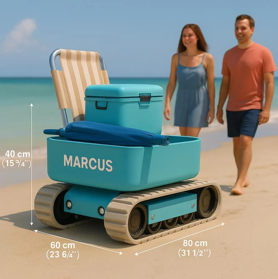Concept of a turquoise tracked robot carrying beach gear