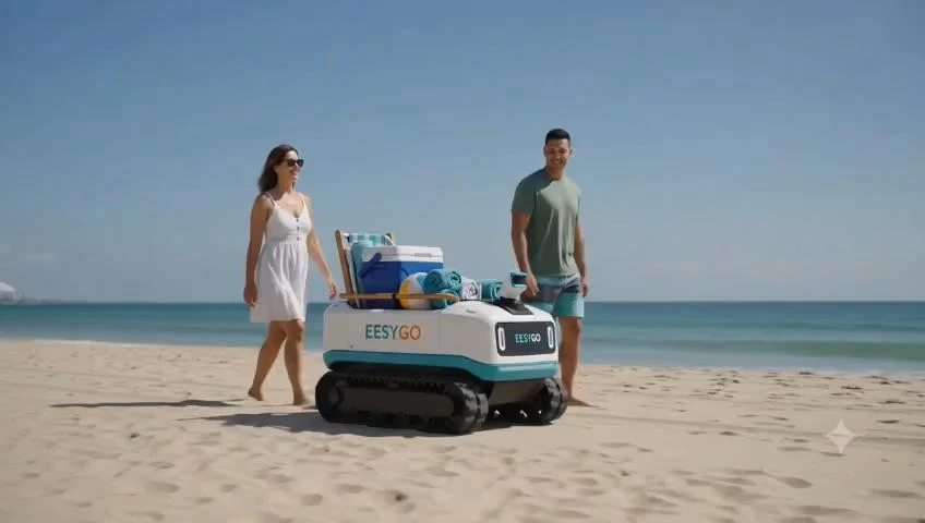 Concept of the tracked robot on a beach